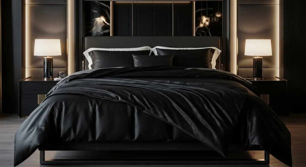 Elegant black queen comforter bedding creating a bold modern bedroom design