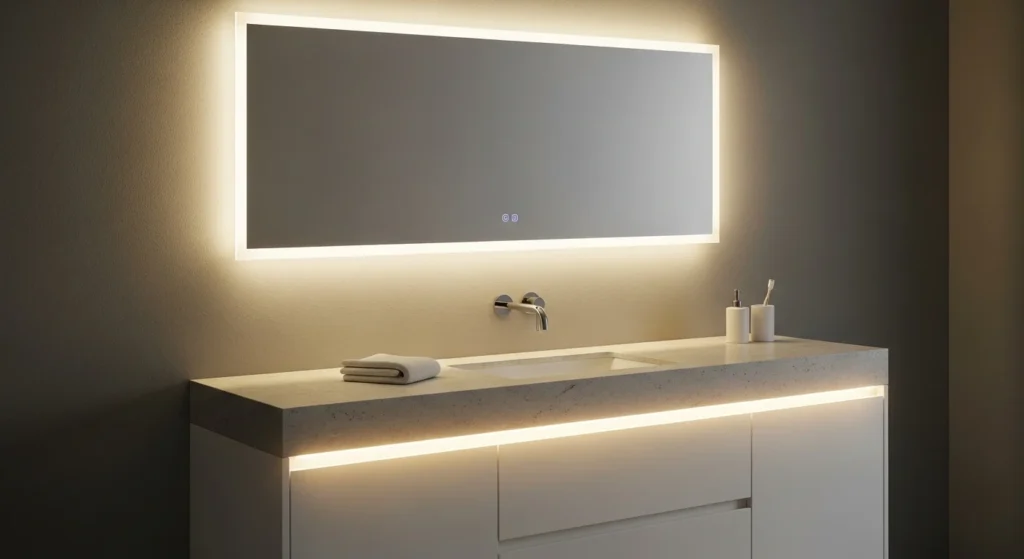 Bathroom vanity with under cabinet LED lighting creating soft ambient glow