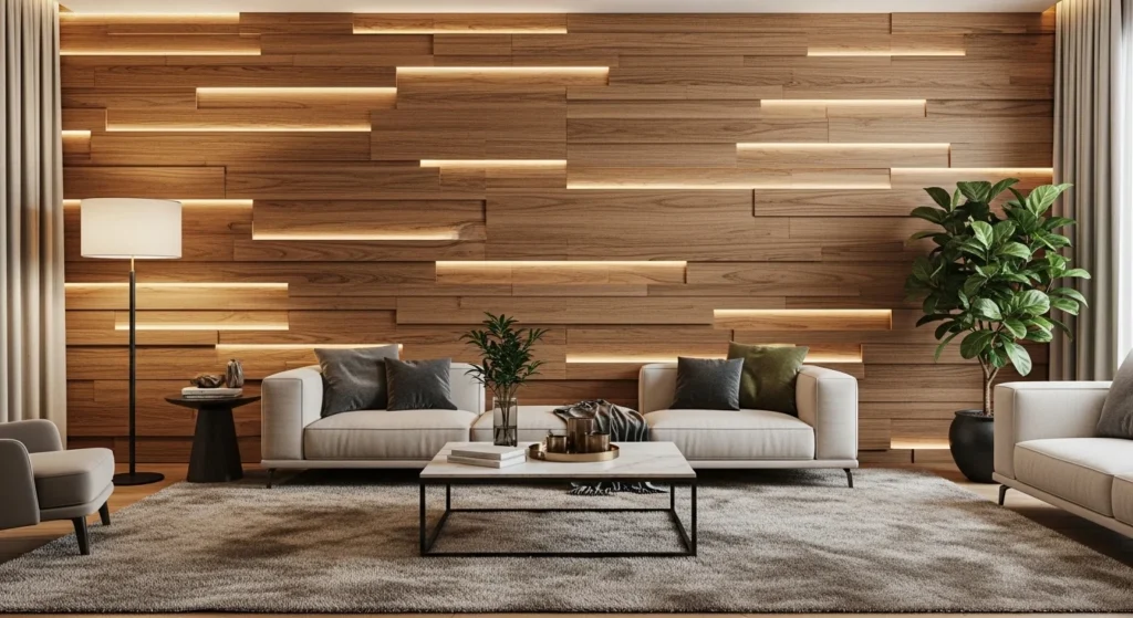 Modern living room featuring decorative textured wall panels
