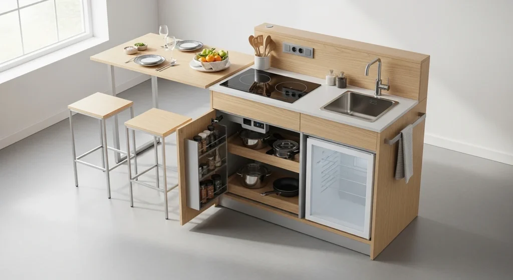Small kitchen with dual purpose furniture for space saving and flexible usage