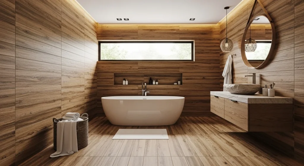 Bathroom featuring wood effect tiles creating warm and natural look