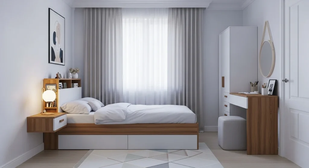 Compact bedroom set designed for small spaces with smart storage solutions
