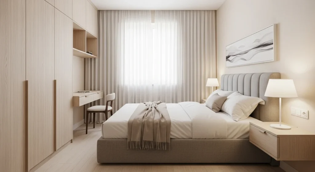 King bedroom set designed for small spaces with compact furniture and light tones