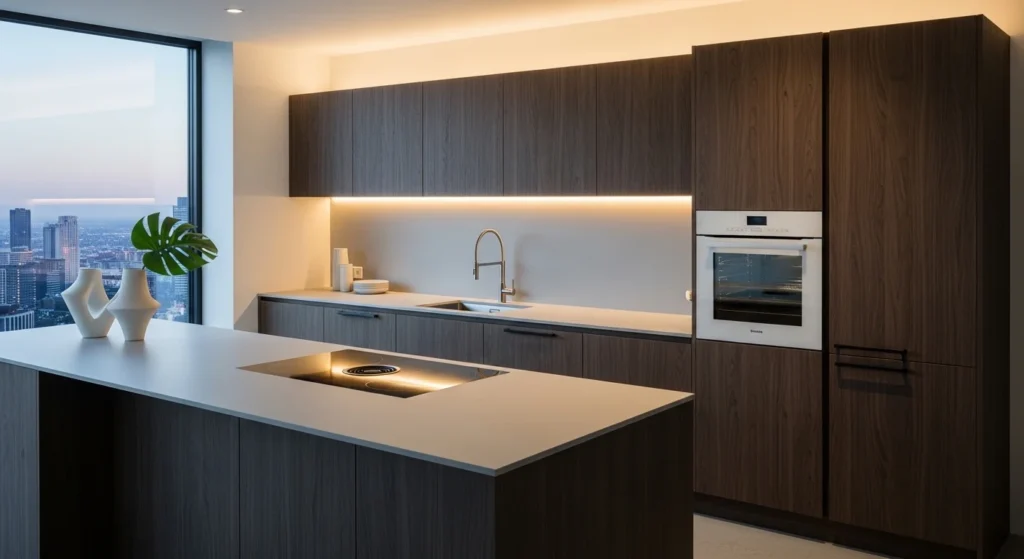 Sleek kitchen with thin profile countertop and minimalist modern look