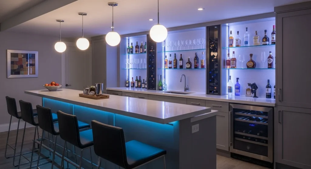 Modern basement bar with ambient lighting, sleek bar stools, and wine fridge