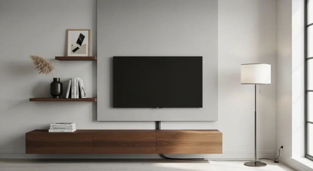 scandinavian living room tv wall with light wood and white tones