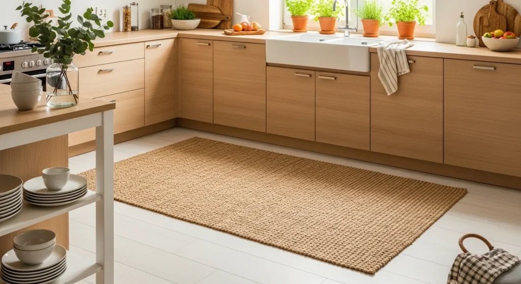 Eco-friendly jute rug adding natural texture to kitchen floor design