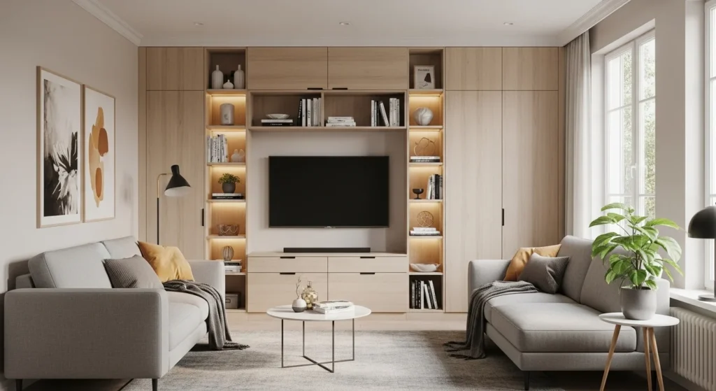 Small apartment living room with built-in cabinets and seating storage for organized space