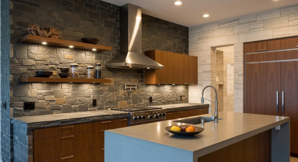 Rustic kitchen backsplash made with natural stone tiles adding earthy texture