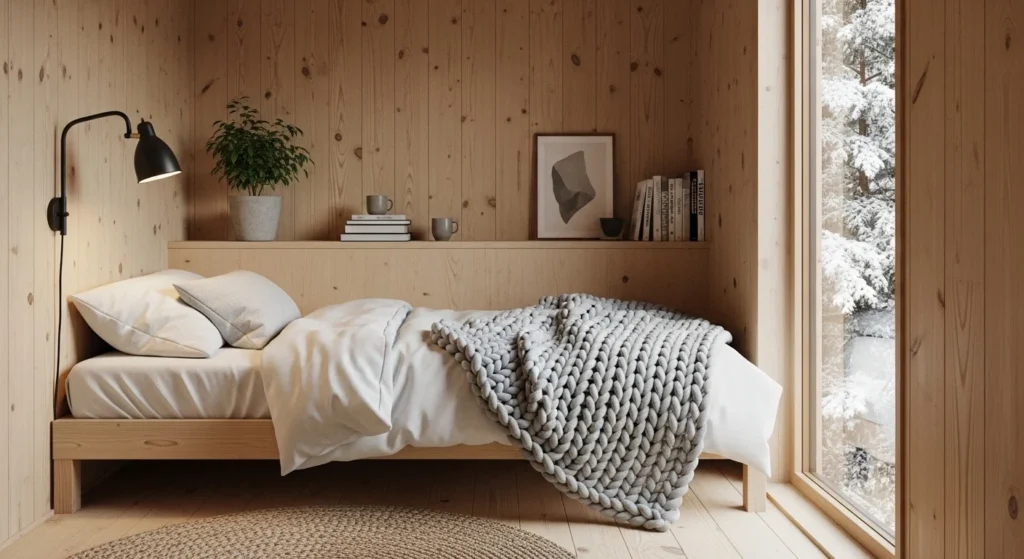 Nordic inspired tiny bedroom with light wood furniture and minimal decor