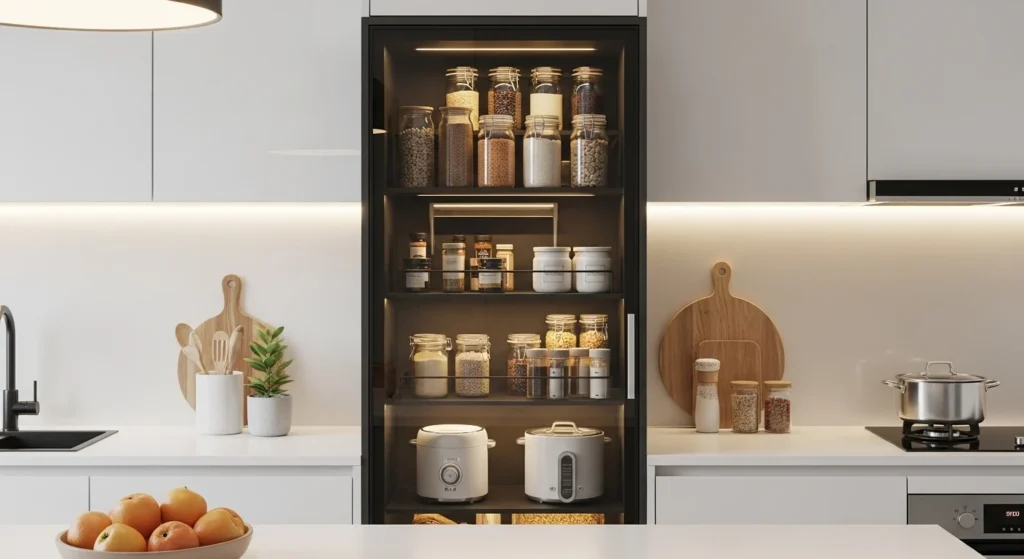 Small kitchen pantry with glass doors for organized and visible storage