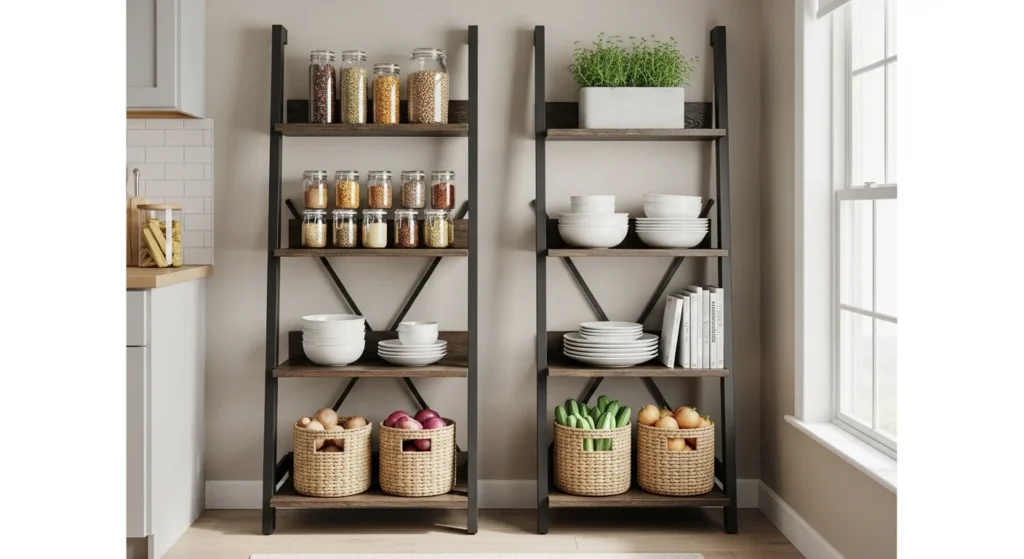 Decorative ladder pantry shelving with organized jars and baskets