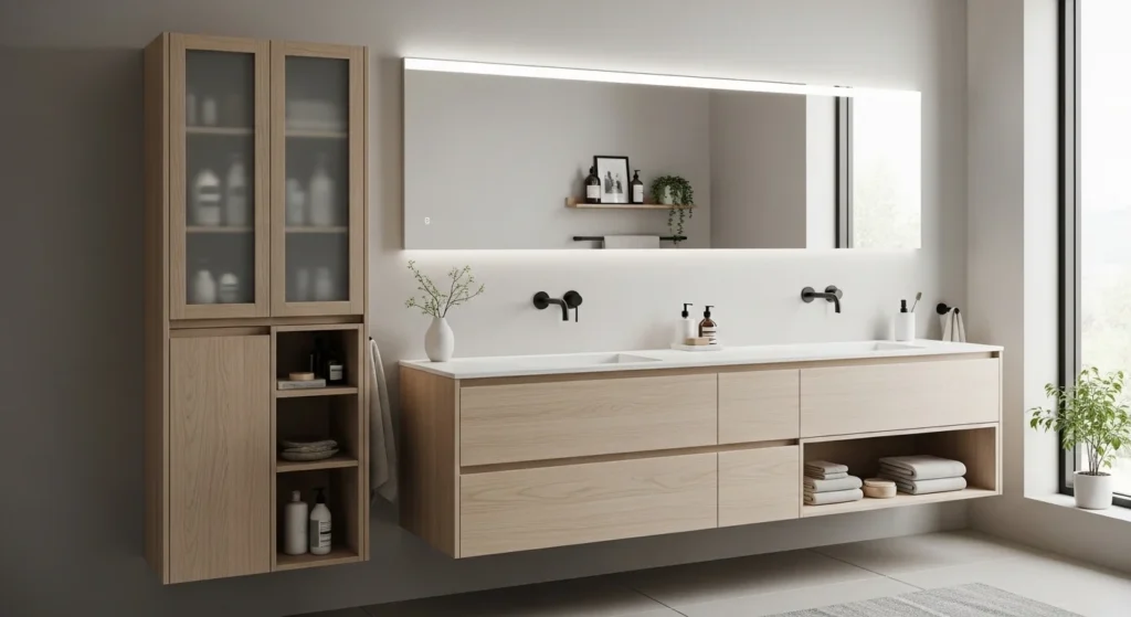 Modern bathroom interior featuring stylish cabinet storage and contemporary vanity design for 2026 upgrade