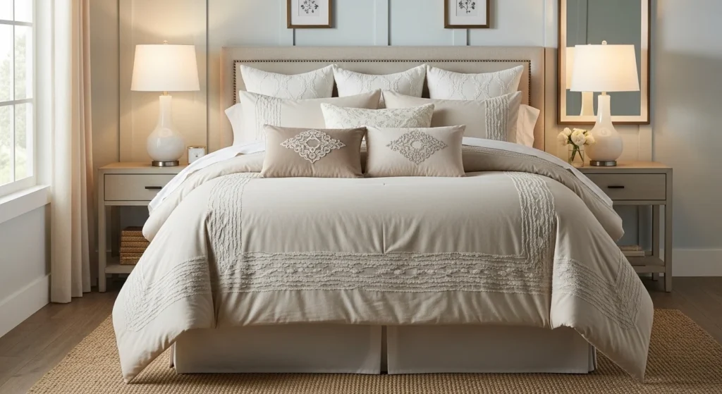 Modern bedroom featuring stylish queen comforter bedding set with decorative pillows and cozy interior design