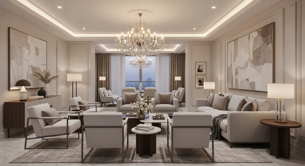 Elegant classy living room with neutral tones, modern furniture, and luxury lighting design