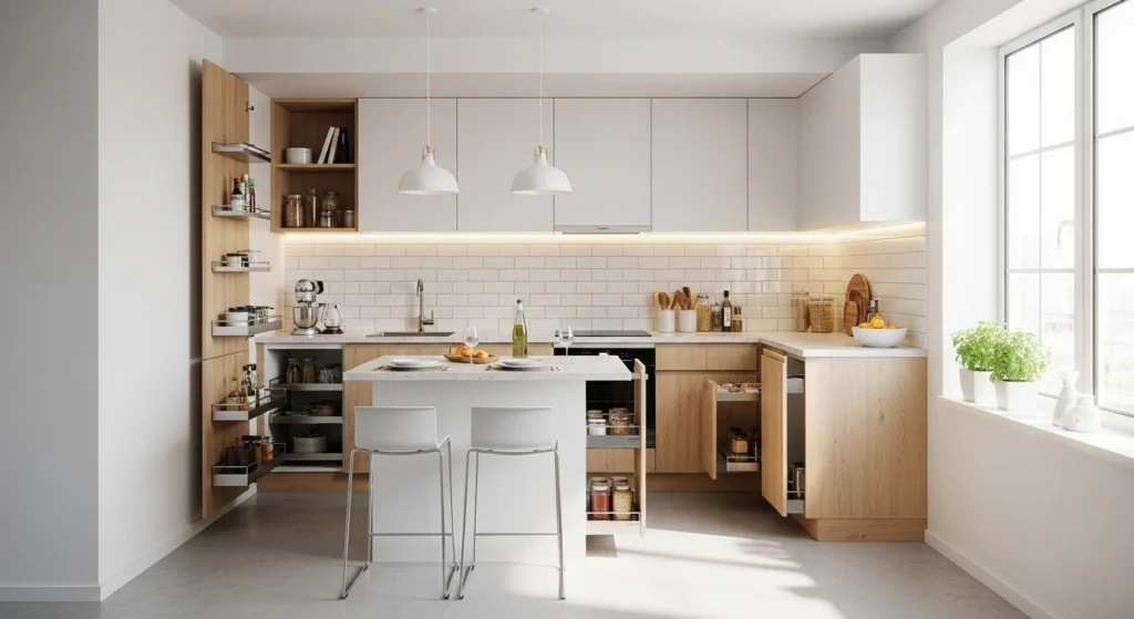 Modern tiny kitchen design with smart storage solutions and compact layout for small homes