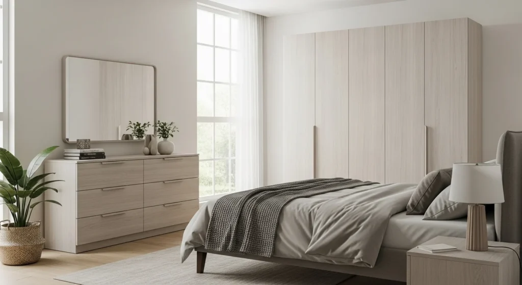 Modern bedroom set with matching furniture including bed, wardrobe and nightstands designed for 2026 interiors
