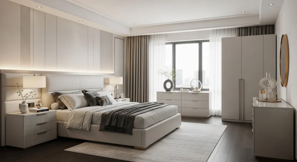 Modern king bedroom set with matching furniture including bed, nightstands and wardrobe in a stylish 2026 interior