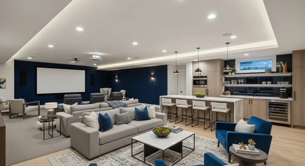 A modern basement with lounge, home theater, and stylish furniture, showcasing 2026 remodeling trends