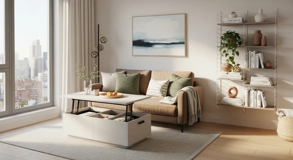 Modern small apartment living room design featuring compact furniture, cozy sofa, and bright natural light