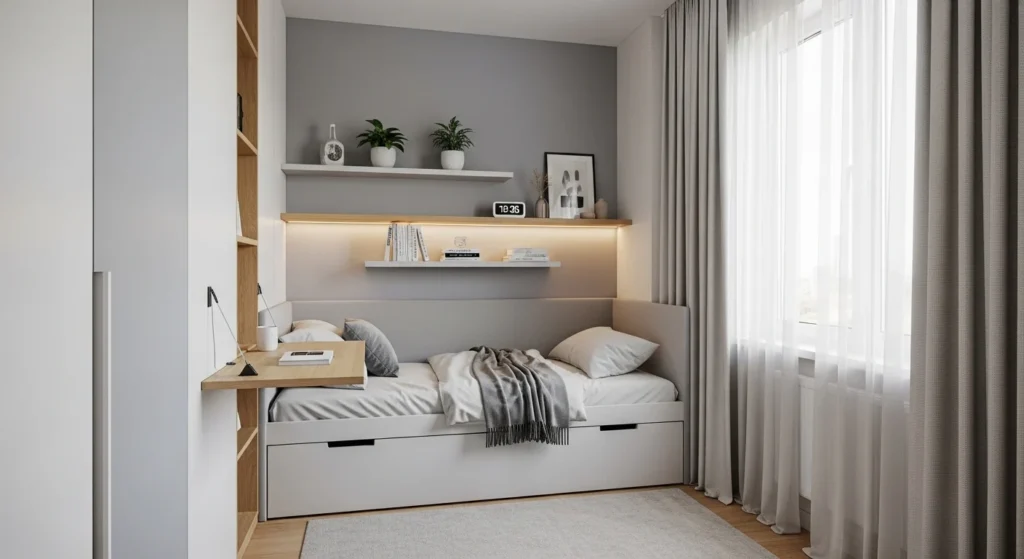 Modern tiny bedroom design with smart storage solutions and minimalist decor for small spaces in 2026