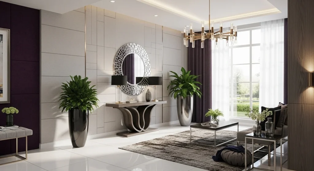 Elegant modern foyer entryway design with console table mirror lighting and decorative accents