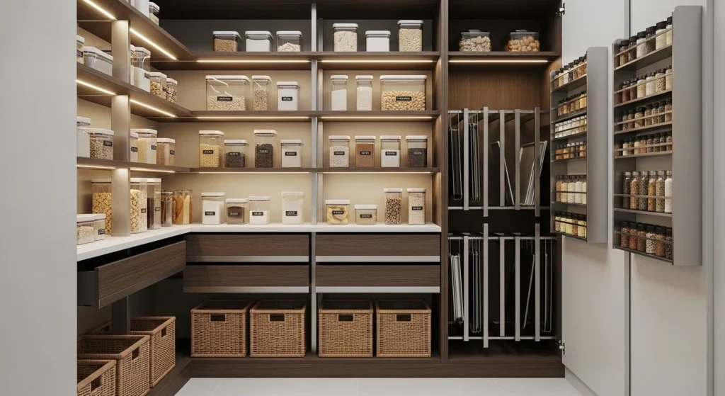 Modern small pantry storage design with organized shelves, baskets, and clear containers for compact kitchens