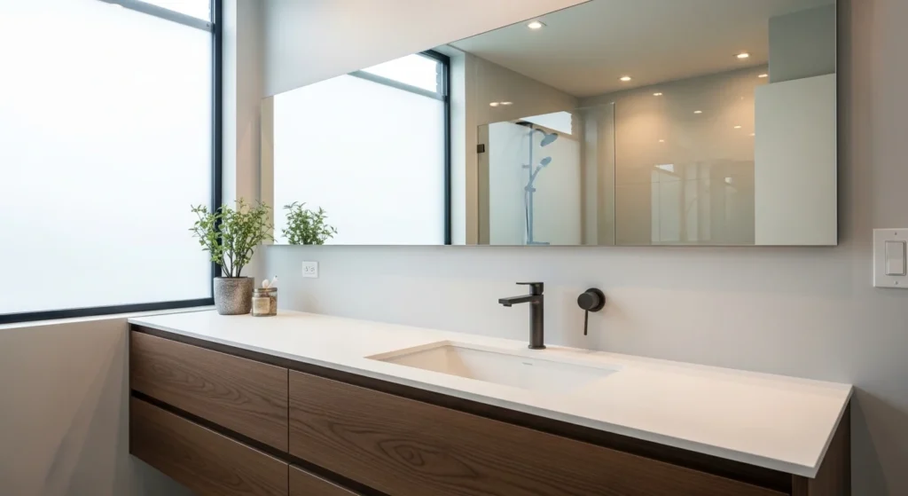 Modern bathroom vanity featuring stylish designer faucet ideas for a contemporary 2026 bathroom interior