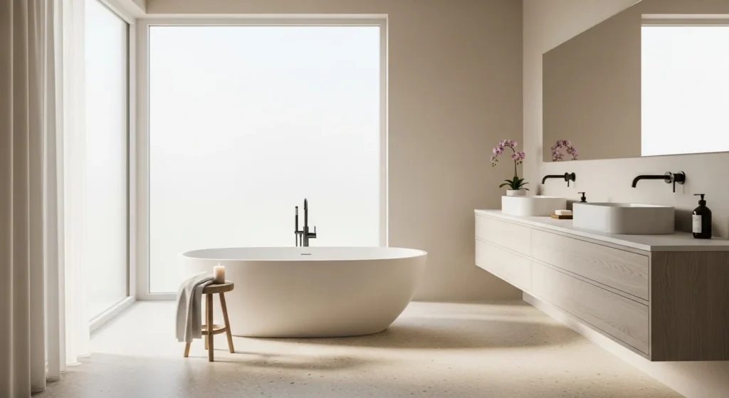 master bathroom with neutral colors creating calm spa like atmosphere