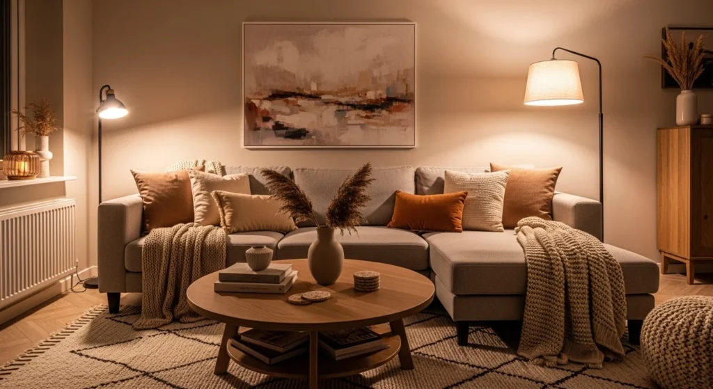 living room with warm neutral wall colors creating cozy and spacious feel