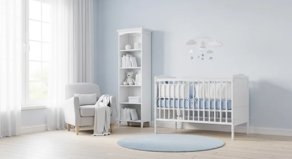 boys nursery with soft blue and white theme cozy and airy design