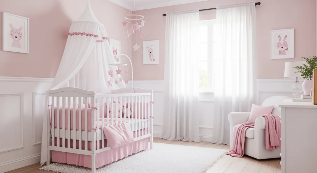girls nursery with soft pink and white colors cozy and airy design