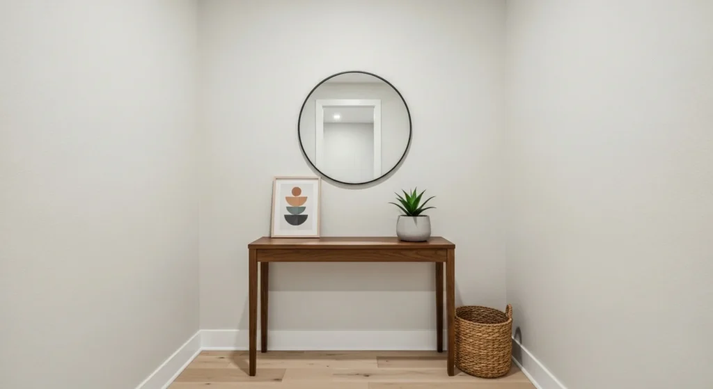 small entryway with slim console table styled with decor and storage