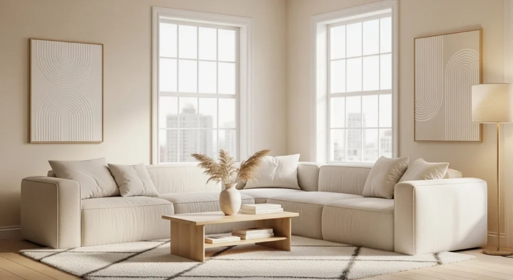 neutral living room with beige and white tones creating calm and spacious look