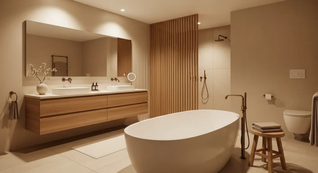 neutral spa style bathroom with beige tones and relaxing modern interior