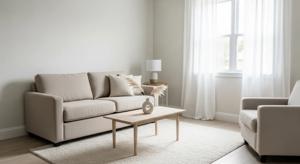 small living room with light neutral colors making space look bigger and brighter