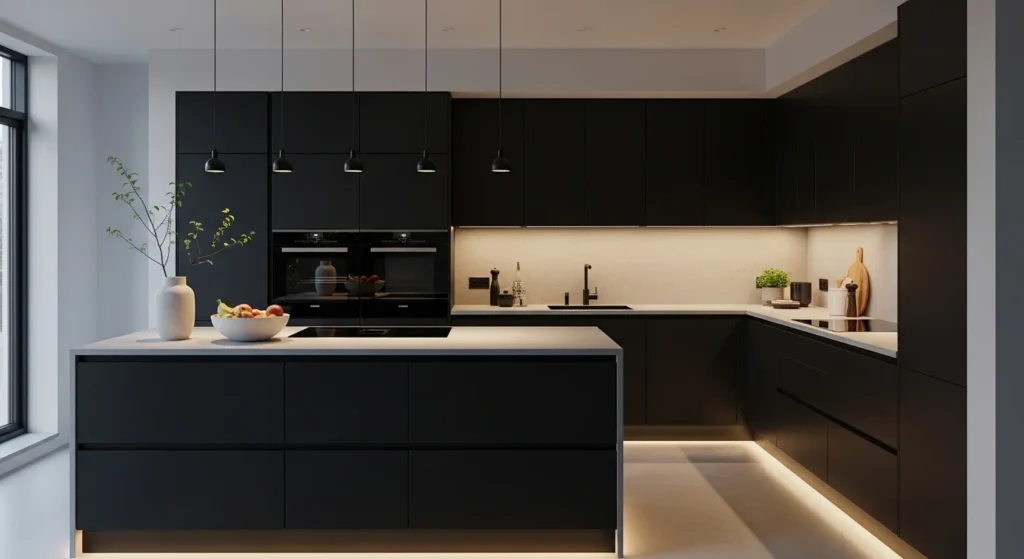 matte black kitchen cabinets modern sleek design with soft lighting