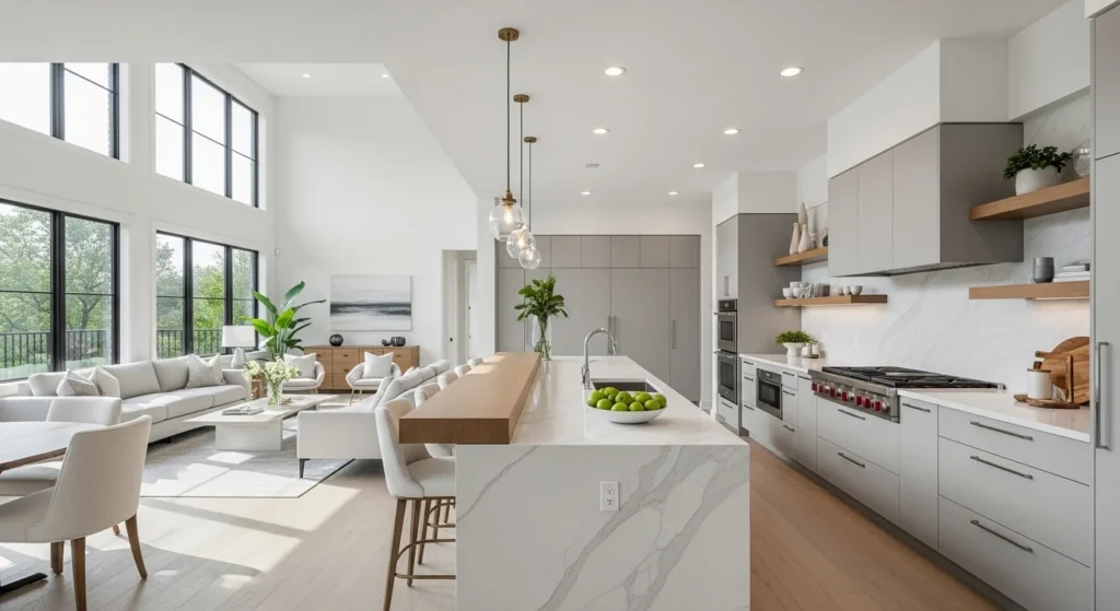 open concept kitchen layout connecting living and dining space modern bright design