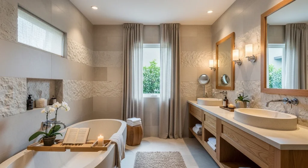 spa like neutral bathroom with calming tones and modern luxury design