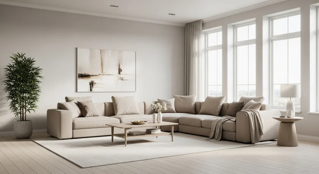 living room with neutral beige sectional sofa bright airy modern decor