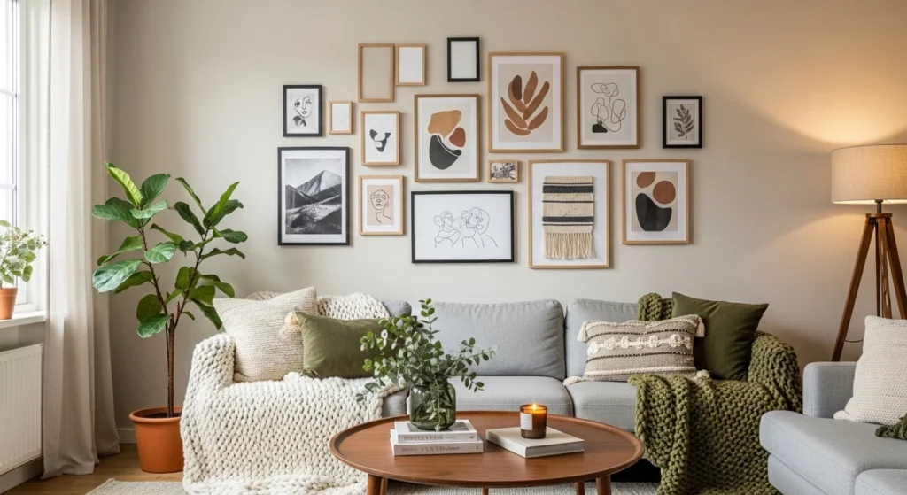 living room gallery wall with mixed frames creating stylish focal point