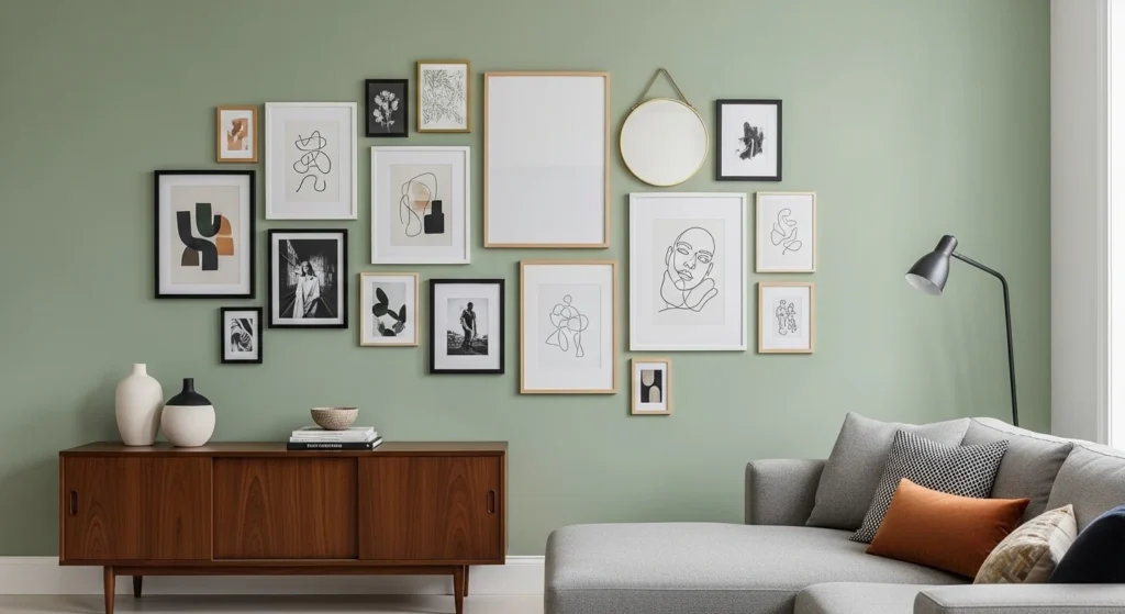 living room gallery wall with mixed frames and aesthetic layout