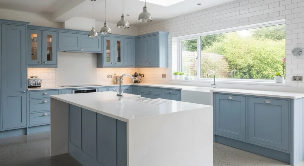 powder blue kitchen cabinets with bright airy modern design