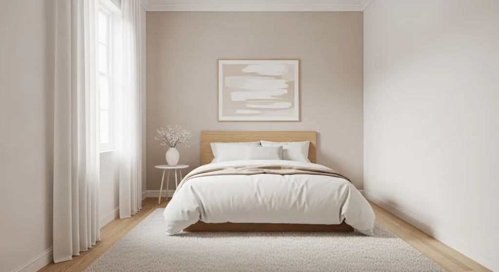 small bedroom with light neutral colors making space feel bigger and brighter