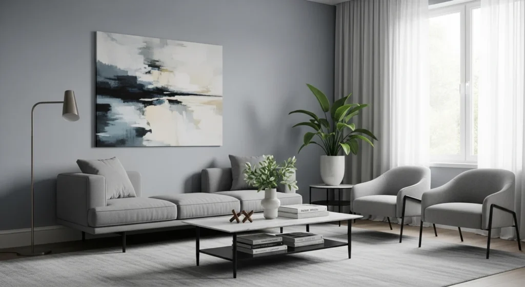 living room with grey wall color creating modern elegant look