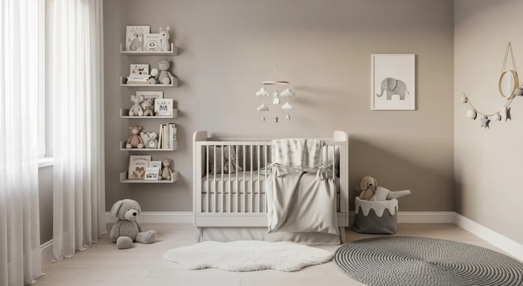 boys nursery soft grey color palette modern cozy setup