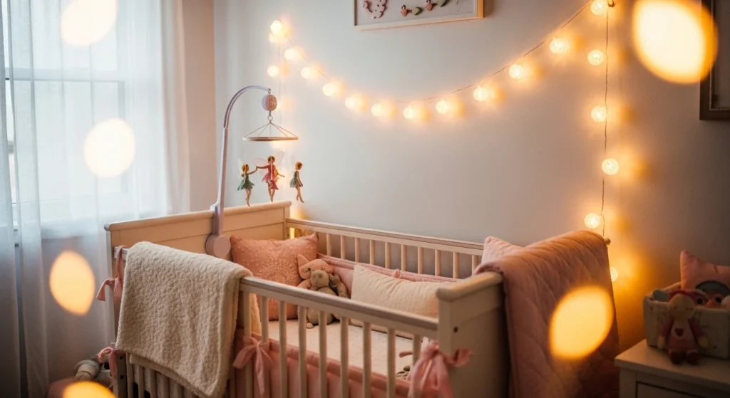 girls nursery with fairy lights warm glow cozy atmosphere