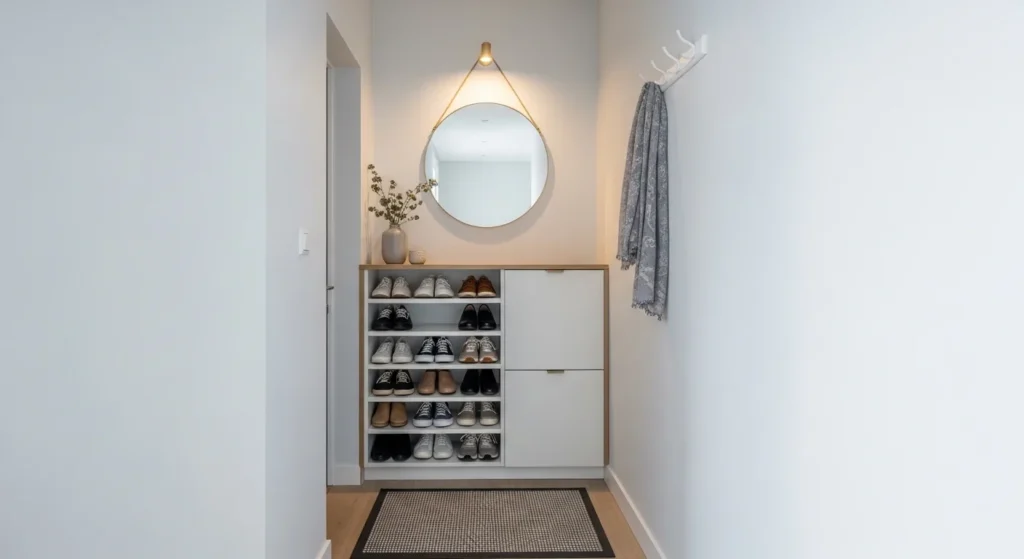 small entryway with compact shoe storage organized neatly