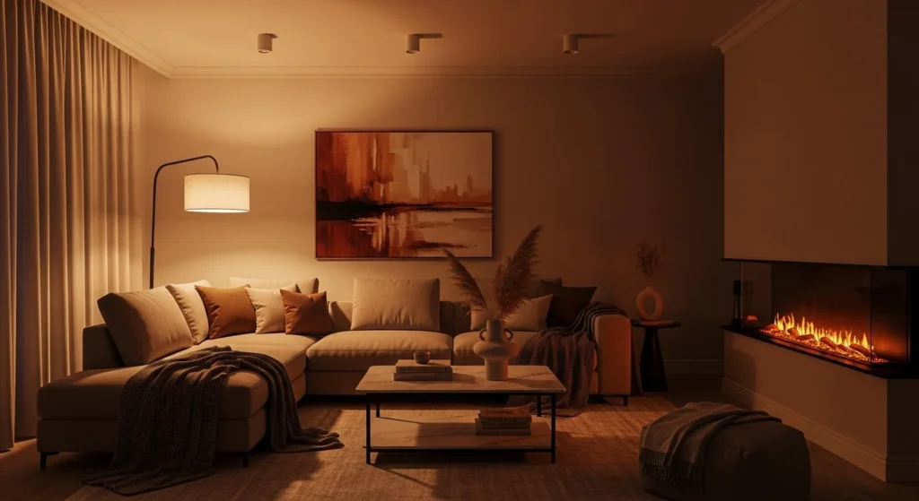 living room with warm lighting creating cozy evening atmosphere