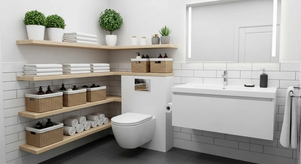 bathroom with smart storage solutions clean and organized layout